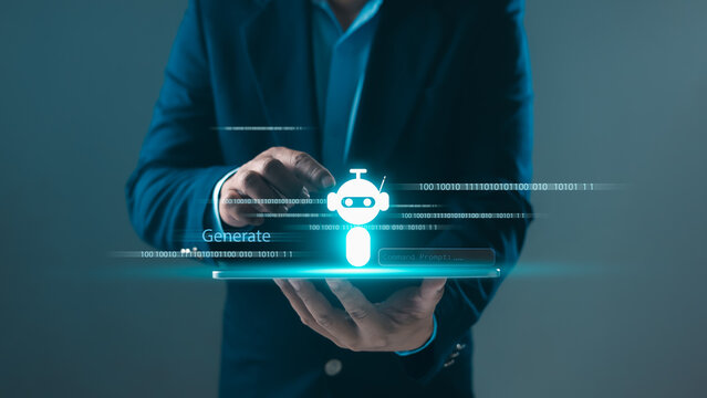 Human interacting with a glowing robot icon and digital binary code on screen. Concept of AI chatbot, artificial intelligence, automation, future technology, digital transformation, smart solutions.