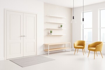 Bright modern interior with yellow chairs, wall shelves, and large windows in minimalist room with soft lighting and contemporary decor.