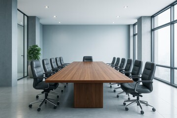 Modern empty conference room with long wooden table and black chairs in contemporary office building interior under bright natural light background.
