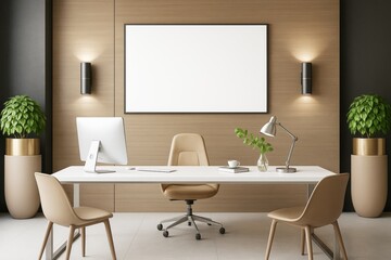 Modern office room with minimalist furniture, wooden wall, blank frame, and soft lighting for branding or mockup presentation concept..