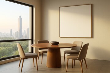 Modern minimalist dining room interior with round wooden table, four beige chairs, large blank frame on wall and city view through window.
