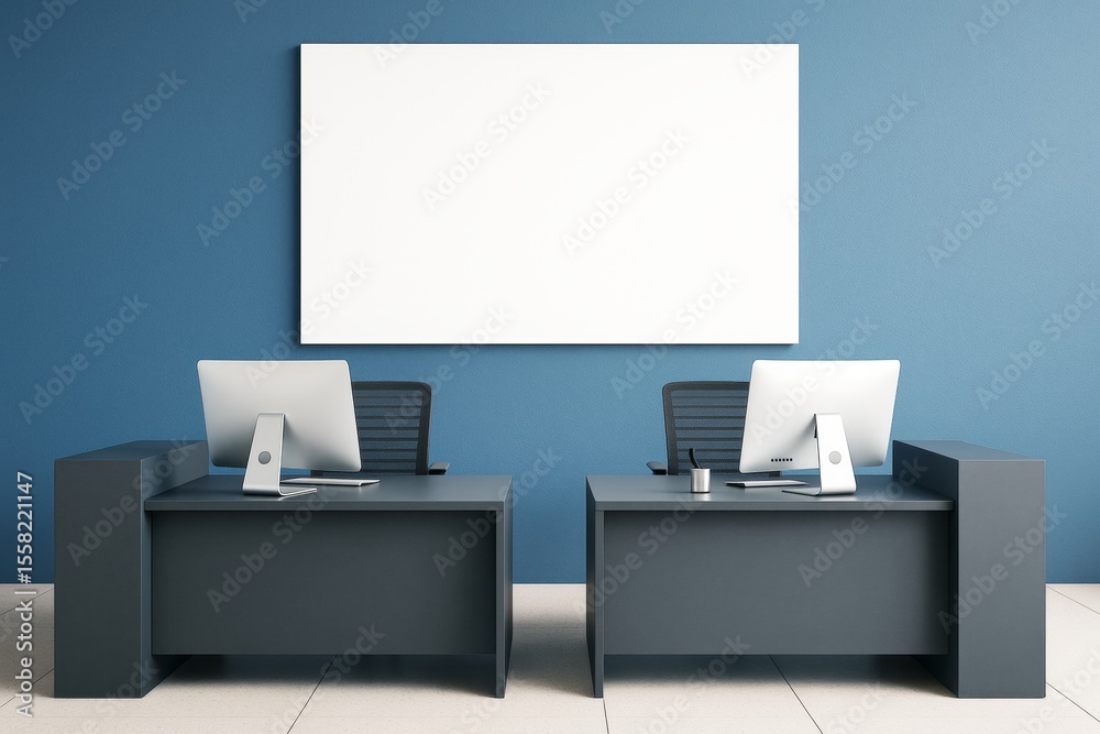 Poster modern office interior with dual desks and blank wall mockup for branding or presentation concept in