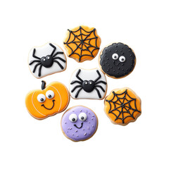 Assorted Halloween cookies featuring goofy monsters and detailed spiders, playful and festive designs on transparent background