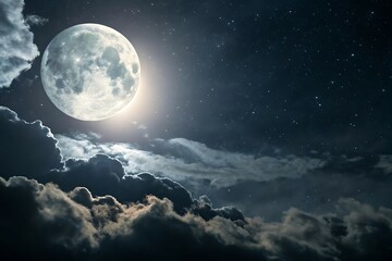 Full moon in a dark, cloudy night sky with bright moonlight