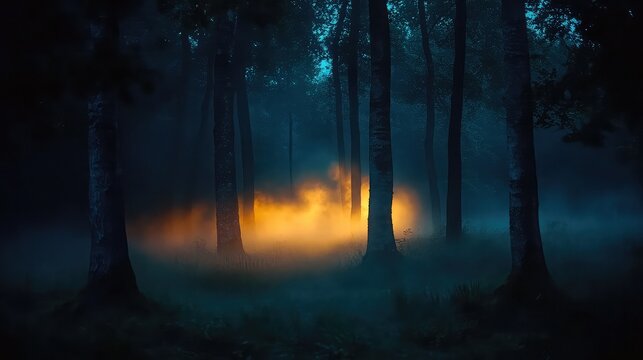 Magical light in a misty forest, with golden sunlight illuminating fog and tree trunks, creating depth and highlighting the mysterious beauty of the woodland scene.