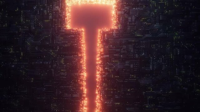 Abstract glowing T shape on circuit board