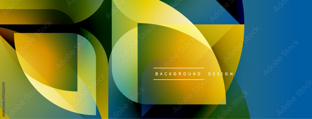 Poster abstract geometric shapes overlap, creating vibrant color gradients. yellows, greens, blues dominate