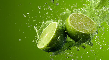 Lime Splash: Two juicy limes, one halved, burst with vibrant freshness, splashing in a dynamic shower of liquid against a verdant backdrop. 