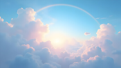 Ethereal Dreamscape: Sunlit Clouds and Faint Rainbow in a Serene Sky