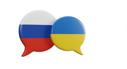 Naklejka premium Russia and Ukraine War Negotiation and Communication. Russia and Ukraine flags on speech bubbles. Conflict. 3D illustration.