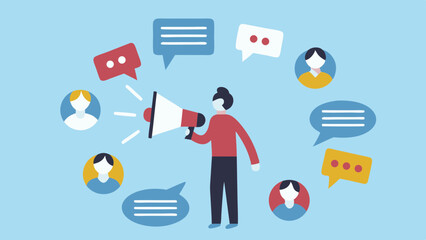 Person with megaphone communicating with diverse people through speech bubbles