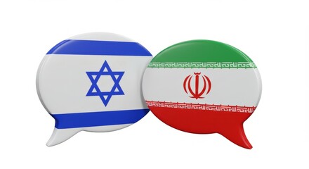 Israel and Iran War Negotiation and Communication. Israel and Iran flags on speech bubbles. Conflict. 3D illustration