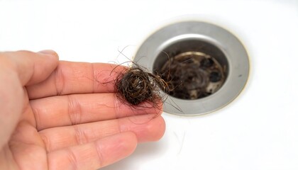Obraz premium Hand holding hair clump over drain