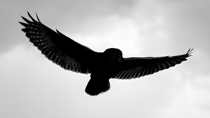 Obraz premium Soaring Silhouette: An owl soars majestically through the sky, its silhouette a striking contrast against the clouds. Capturing the freedom, grace and a moment of silent flight.