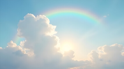 Idyllic Sky View Featuring a Vibrant Rainbow After the Rain with Clouds