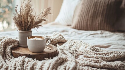 A warm bedroom setting with coffee and a cozy blanket
