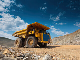 A large yellow dump truck loader in an open-pit mine, under a bright and natural daylight sky, surrounded by rocks and dirt The loader is partially filled with gravel, suggesting it - AI-Generated