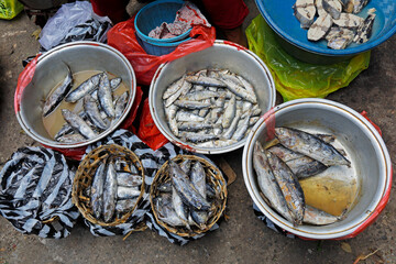 Small fishes on sale in a traditional open market on the streets of Ubud, Bali, Indonesia