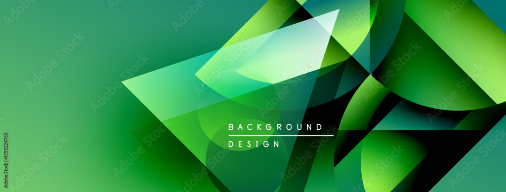 Poster Abstract green background. Geometric shapes overlap, creating dynamic visual effect. Modern design elements present smooth gradients.