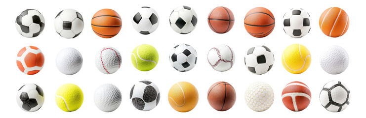 Collection of Various Sport Balls Including Soccer, Tennis and More, Isolated on Transparent, white background