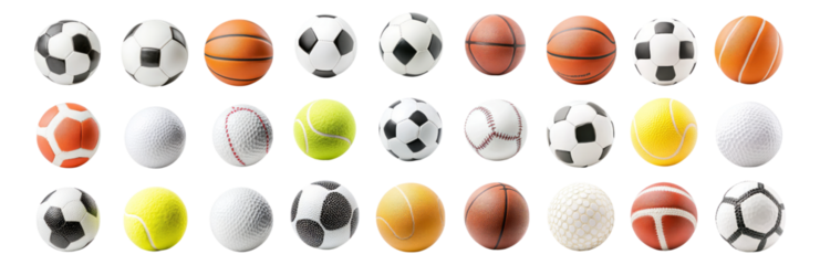 Collection of Various Sport Balls Including Soccer, Tennis and More, Isolated on Transparent, white background