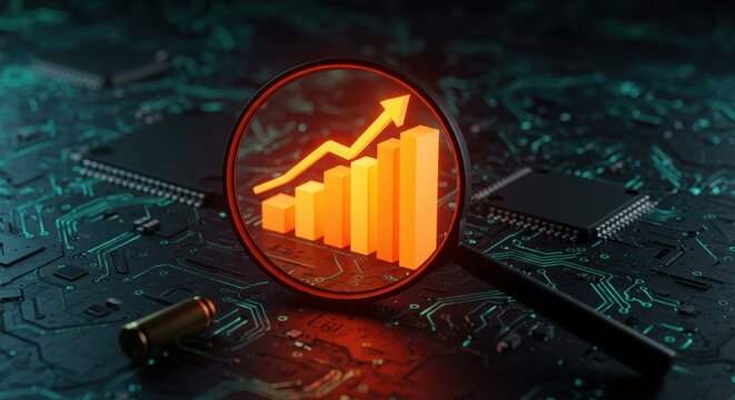 Magnifying glass reveals a rising bar graph on a circuit board