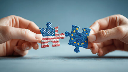 Two hands holding puzzle pieces with US and EU flags