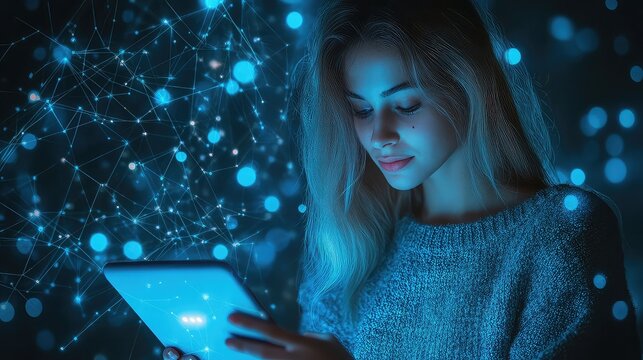 Woman using a tablet for secure online payment, banking, and shopping, with a blue background symbolizing digital transactions and security.