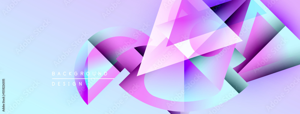 Poster abstract geometric shapes overlap, creating vibrant purple, blue gradients. background features text