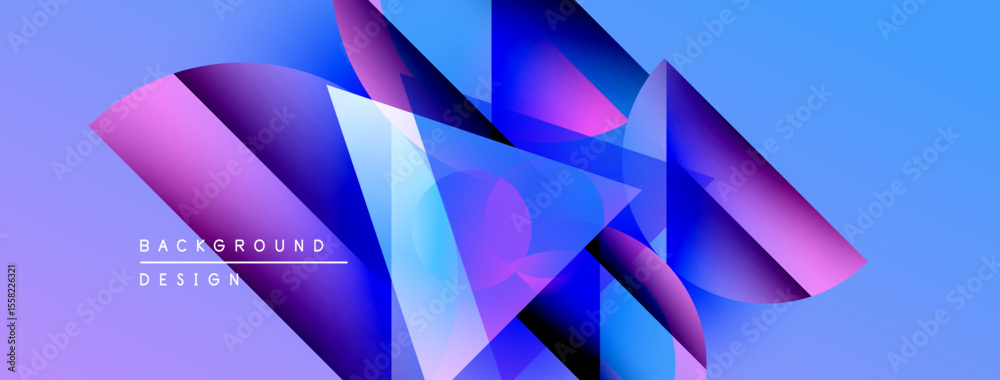 Poster abstract geometric shapes overlap, creating vibrant blue, purple gradients. modern design element fo