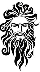 Abstract tribal tattoo style portrait of bearded mythological god with flowing hair and intense gaze in black minimalist line art vector design