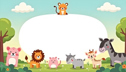 Colorful cartoon jungle friends surround an empty banner space