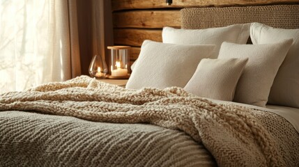 A warm, inviting bed with layered blankets and soft lighting