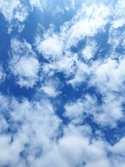 Blue sky, with white fluffy clouds, for background, wallpaper, for design.