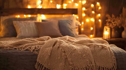 A warm, inviting bed with layered blankets and soft lighting