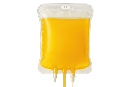 Medical iv drip bag containing yellow plasma, hanging and prepared for patient treatment, isolated on clear background