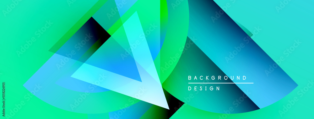 Poster abstract geometric shapes overlap, creating vibrant turquoise, green gradients. modern design elemen
