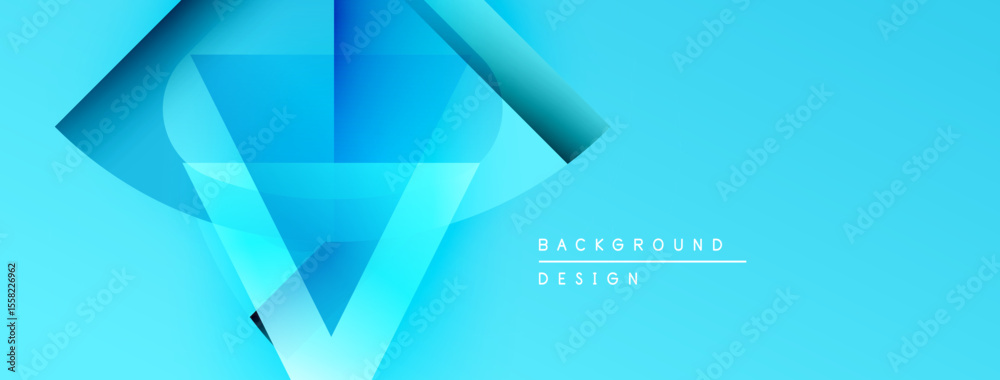 Poster abstract blue geometric shapes create dynamic background. gradient colors suggest depth, modern desi