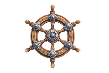 Obraz premium Vintage Ship Wheel: A detailed close-up of an antique wooden ship's wheel, adorned with metal accents, evokes a sense of adventure and nautical history.