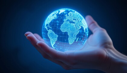 Digital world rests in human hand, representing global connection, technology, and a futuristic digital landscape with global presence.