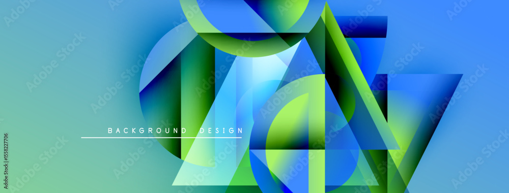 Poster abstract geometric shapes overlap, creating vibrant blue, green gradients. modern design suggests te