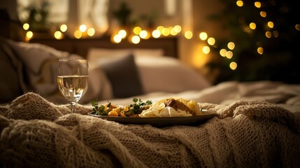 A warm, inviting bed with layered blankets and soft lighting