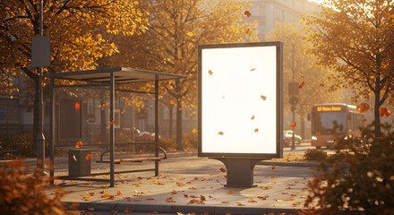 Autumnal city street scene with blank billboard
