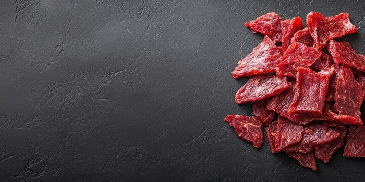 A pile of raw, uncooked beef strips on a textured black surface, ready for preparation or cooking.