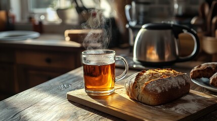 A warm, rustic wooden kitchen countertop with fresh-baked bread and a steaming mug of tea
