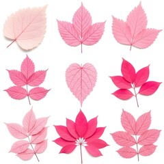 Obraz premium Beautiful Pink Leaves Collection Showing Various Natural Leaf Shapes and Textures. Collection of pink colored leaves featuring different shapes sizes and vein patterns perfect for nature design.