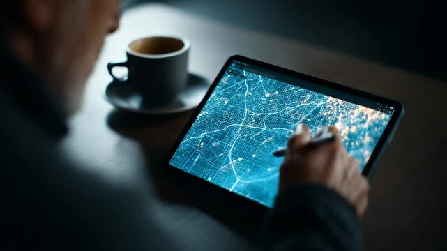 Exploring urban landscapes through digital mapping and innovative technology in a cozy cafe setting