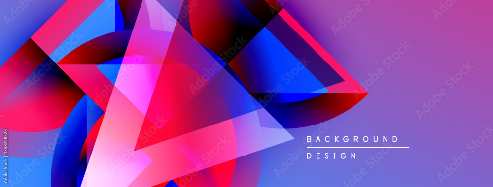Poster abstract geometric shapes overlap, creating vibrant color gradients. blue, pink, red hues dominate c