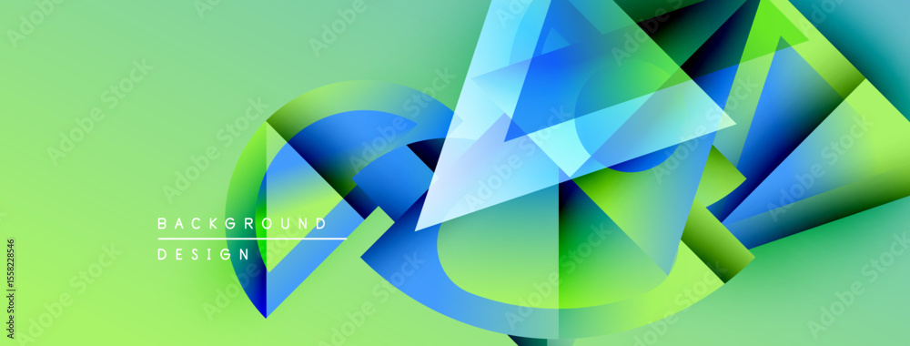 Poster Abstract geometric shapes overlap, creating dynamic visual effect. Green, blue hues dominate composition. Modern design element.