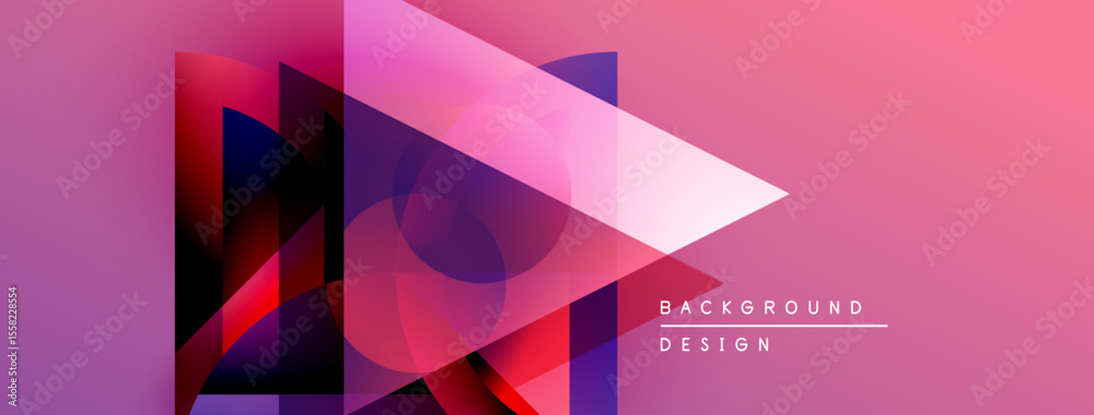 Poster abstract geometric shapes overlap, creating vibrant pink, purple gradients. modern design elements s